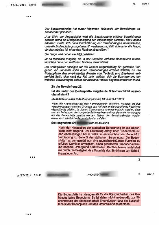 Schreiben Hauptsachverständiger - Bodenplatte hat keine statische Bedeutung